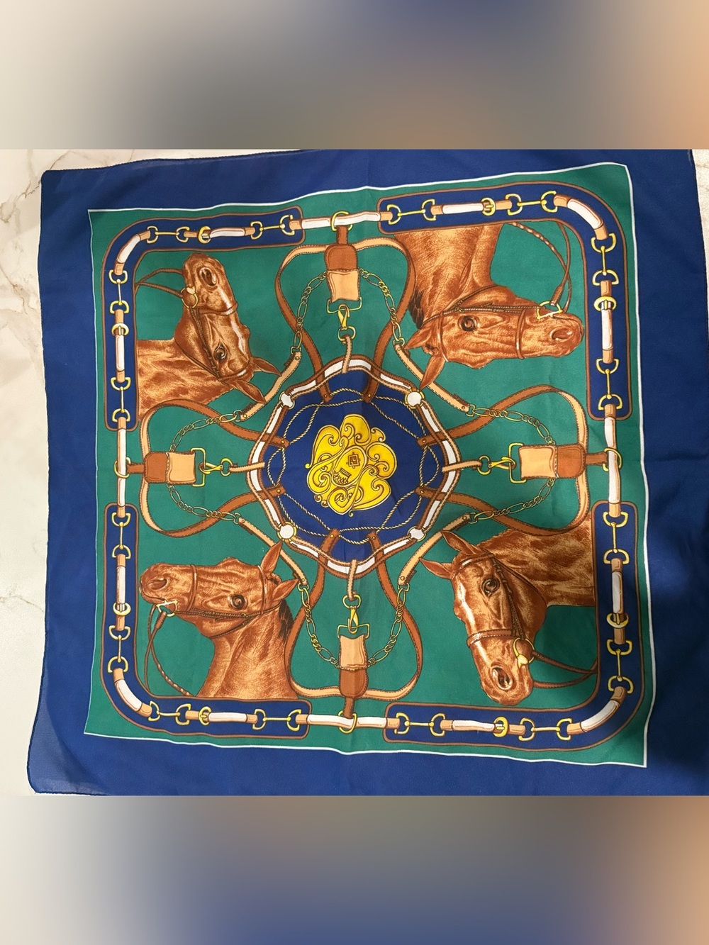 Vintage Equestrian Horse Scarf Navy Green Gold Bridle Tack Print 🐴 🧣